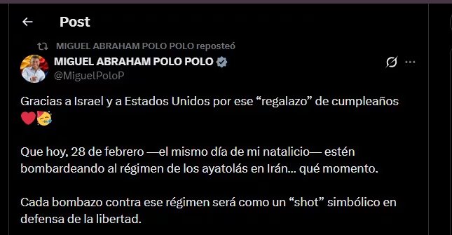 El representante Miguel Polo Polo celebró públicamente el ataque, asociando la operación con la defensa de la libertad y la lucha contra la tiranía - crédito @MiguelPoloP/X