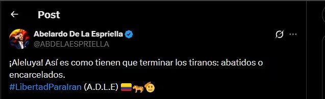 El candidato presidencial Abelardo de la Espriella aplaudió la acción militar y abogó por el fin de los gobiernos autoritarios como el de Irán - crédito @ABDELAESPRIELLA/X