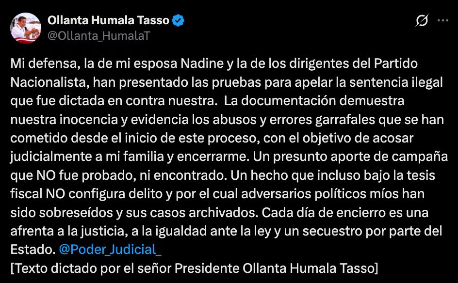 Mensaje de Ollanta Humala en X.