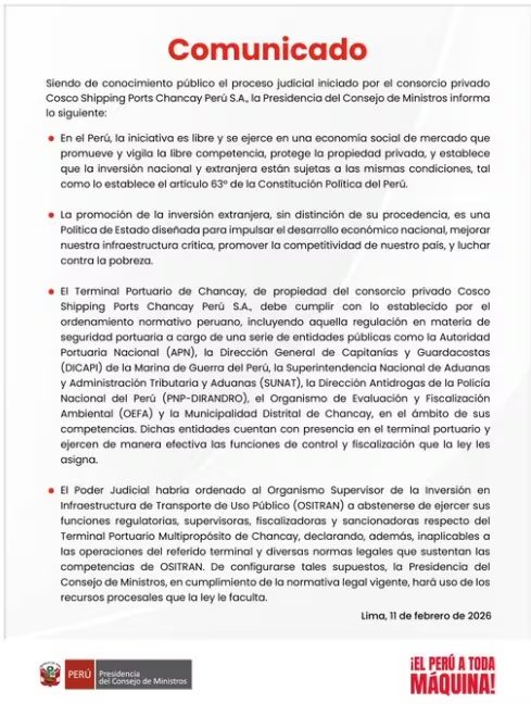 PCM reafirma que el Puerto de Chancay debe cumplir la normativa peruana pese a proceso judicial. x/ @pcmperu.