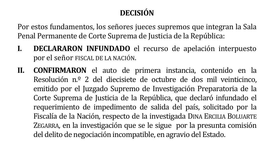 Corte Suprema ratifica el rechazo del impedimento de salida del país contra Dina Boluarte.