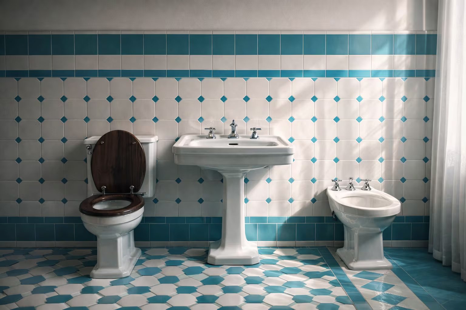 Vista frontal de un baño restaurado con sanitarios clásicos y azulejos en tonos blanco y azul. (Imagen Ilustrativa Infobae)