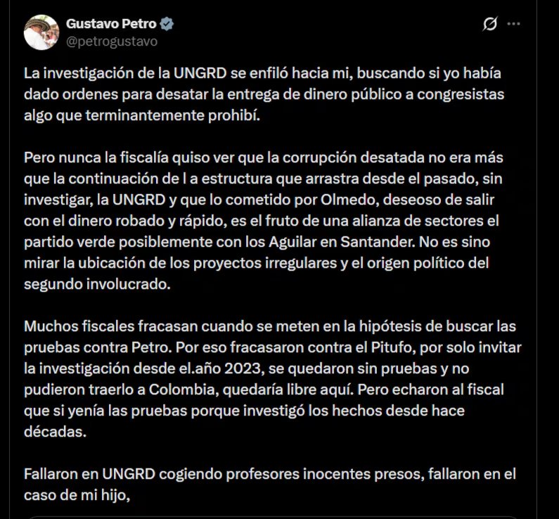 Gustavo Petro lanzó duros cuestionamientos contra Olmedo López, afirmando que el actuar del exdirector fue por el “fruto” de las supuesta alianzas con los Aguilar en el Santander- crédito @petrogustavo/X