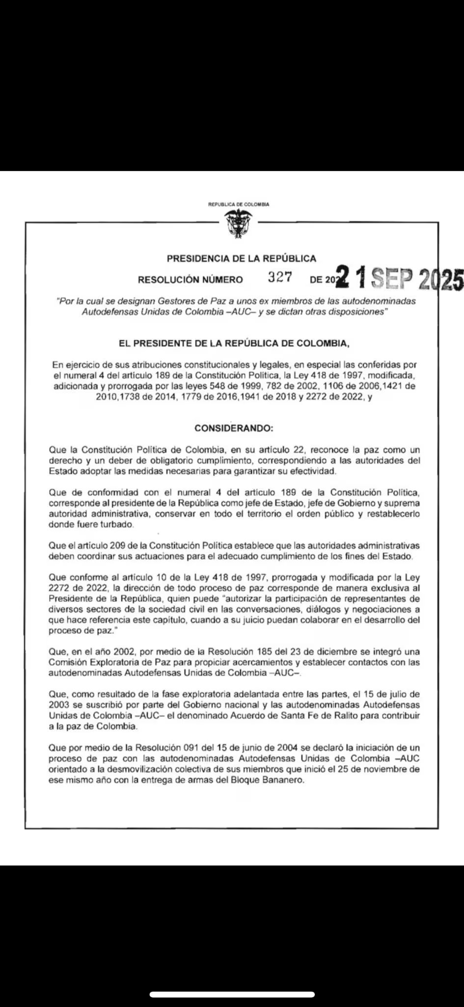 La designación de los exjefes paramilitares es temporal y no implica beneficios judiciales ni de libertad, según la Resolución 327 de 2025 - crédito X