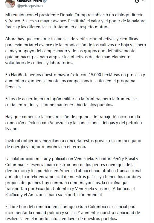 El primer mandatario sostuvo que mantuvo un diálogo directo y franco con el republicano - crédito @petrogustavo/X