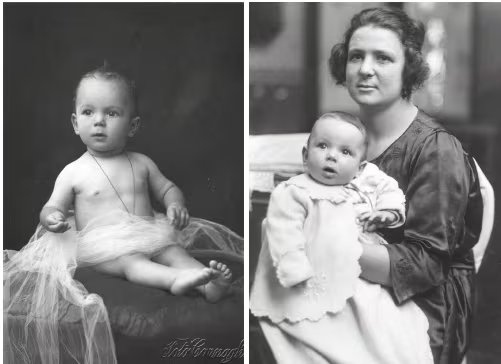 Dos retratos de Astor Piazzolla como bebé en 1921, uno solo con una tela y otro en brazos de su madre. (Imagen Ilustrativa Infobae)