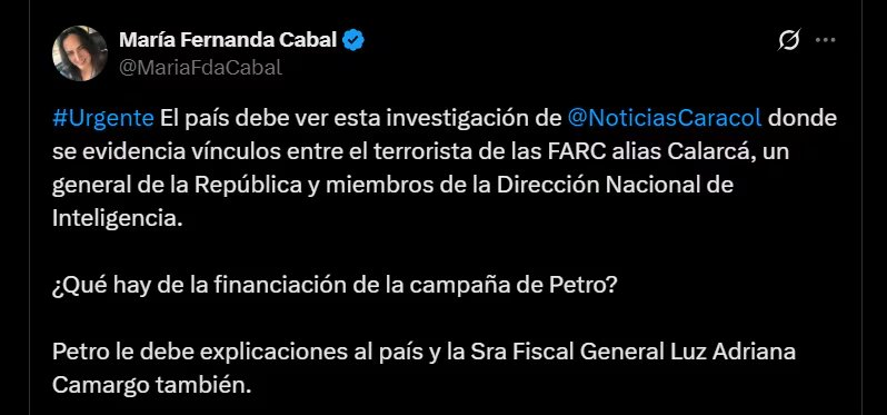 Reacción de la senadora y precandidata presidencial del Centro Democrático María Fernanda Cabal - crédito @MariaFdaCabal/X