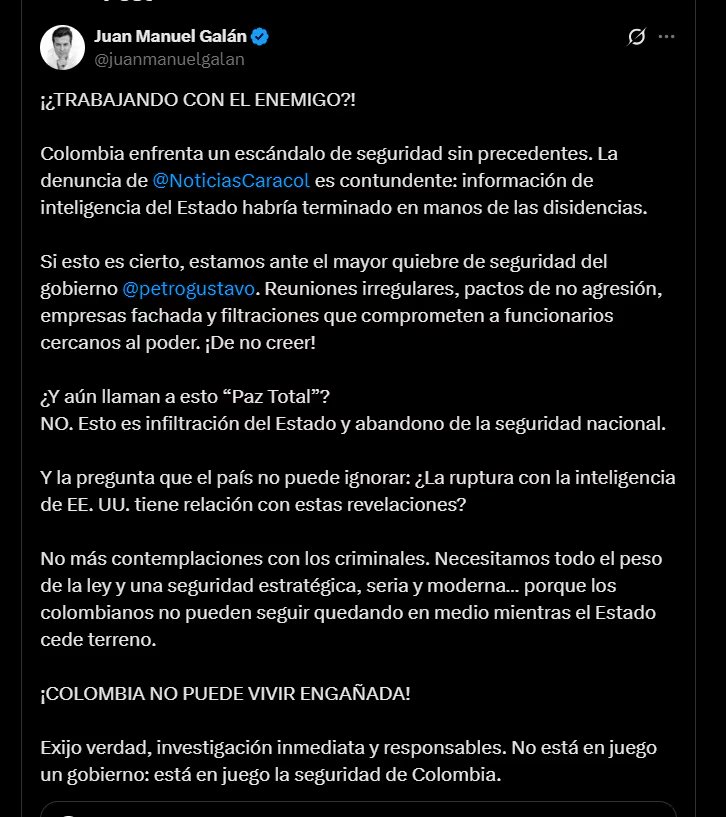 Reacción de Juan Manuel Galán, candidato presidencial y director del partido Nuevo Liberalismo - crédito @juanmanuelgalan/X