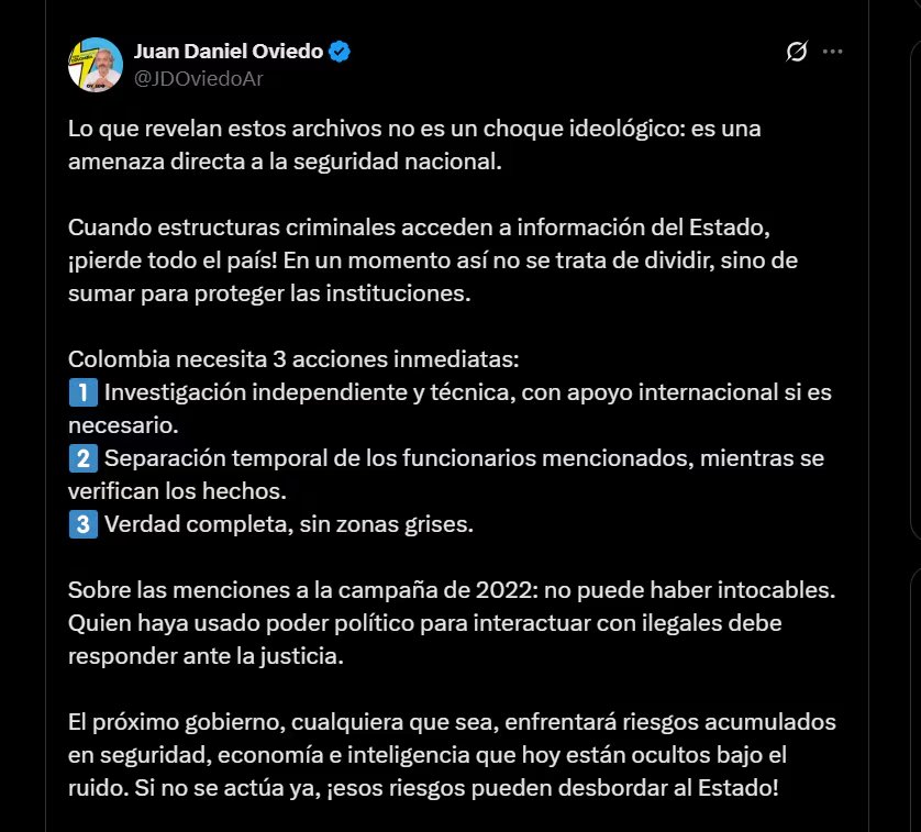 Reacción del precandidato presidencial Juan Daniel Oviedo - crédito @JDOviedoAr/X