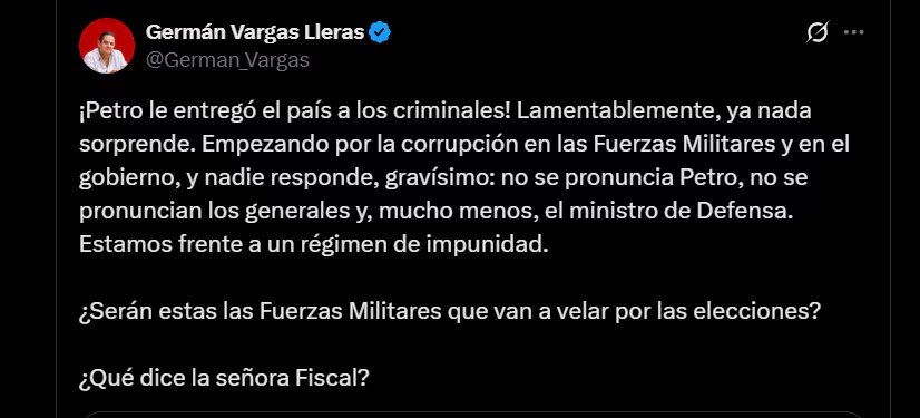 Reacción del exvicepresidente Germán Vargas Lleras - crédito @German_Vargas/X