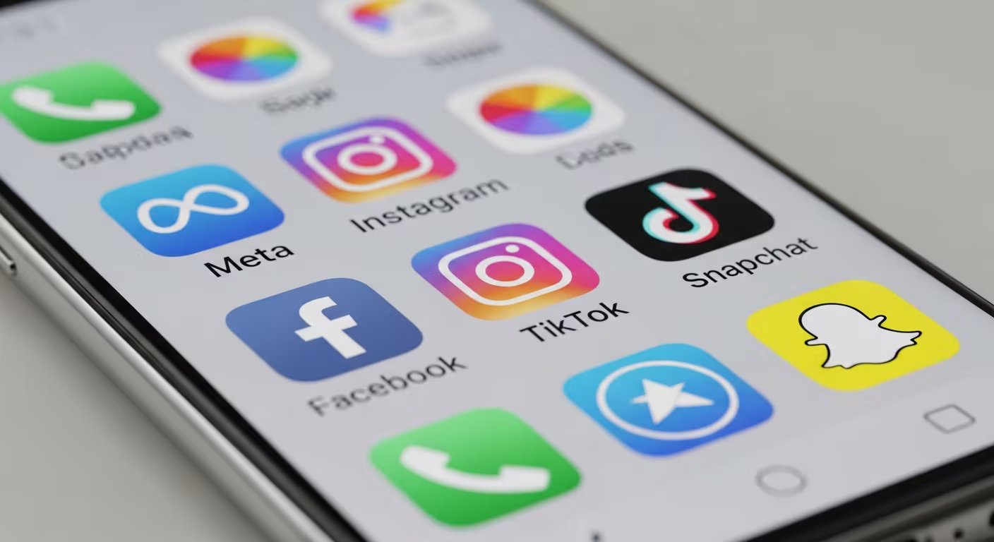Primer plano de un smartphone con los íconos de Meta, TikTok y Snapchat visibles en la pantalla principal. (Imagen Ilustrativa Infobae)