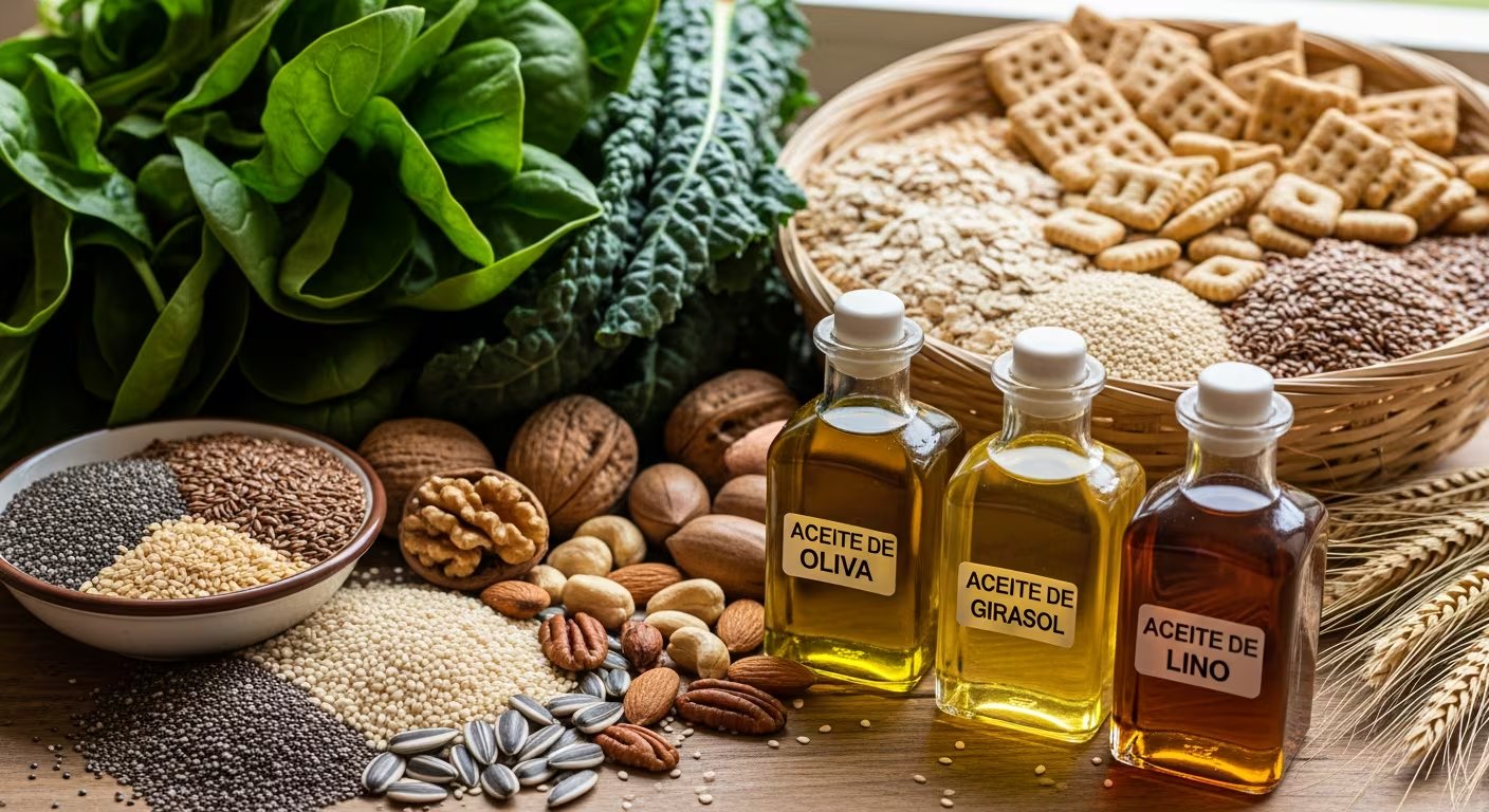 Semillas, aceites vegetales, frutos secos, hortalizas de hojas verdes y cereales fortificados destacados por su valor nutritivo. (Imagen Ilustrativa Infobae)