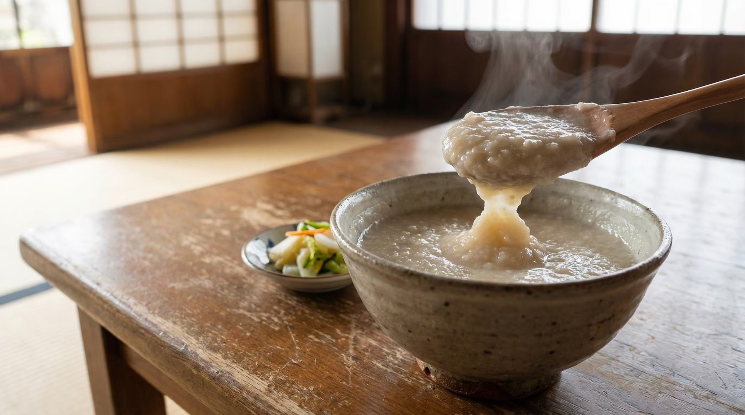 Una cuchara de madera extrae la espesa y humeante bebida amazake de un cuenco artesanal. (Imagen Ilustrativa Infobae)