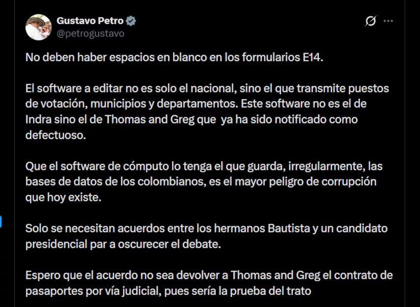 Gustavo Petro aseguró que el aplicativo dispuesto por Thomas Greg &Sons presenta irregularidades - crédito @petrogustavo/X