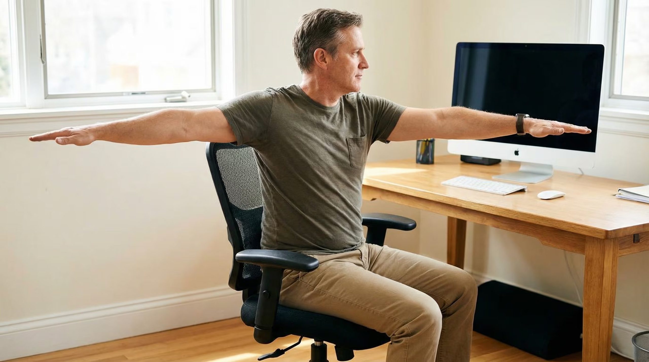 Los ejercicios de rotación del tronco en la silla ayudan a mantener la movilidad de la columna y a contrarrestar el impacto del sedentarismo prolongado en la oficina
(Imagen Ilustrativa Infobae)