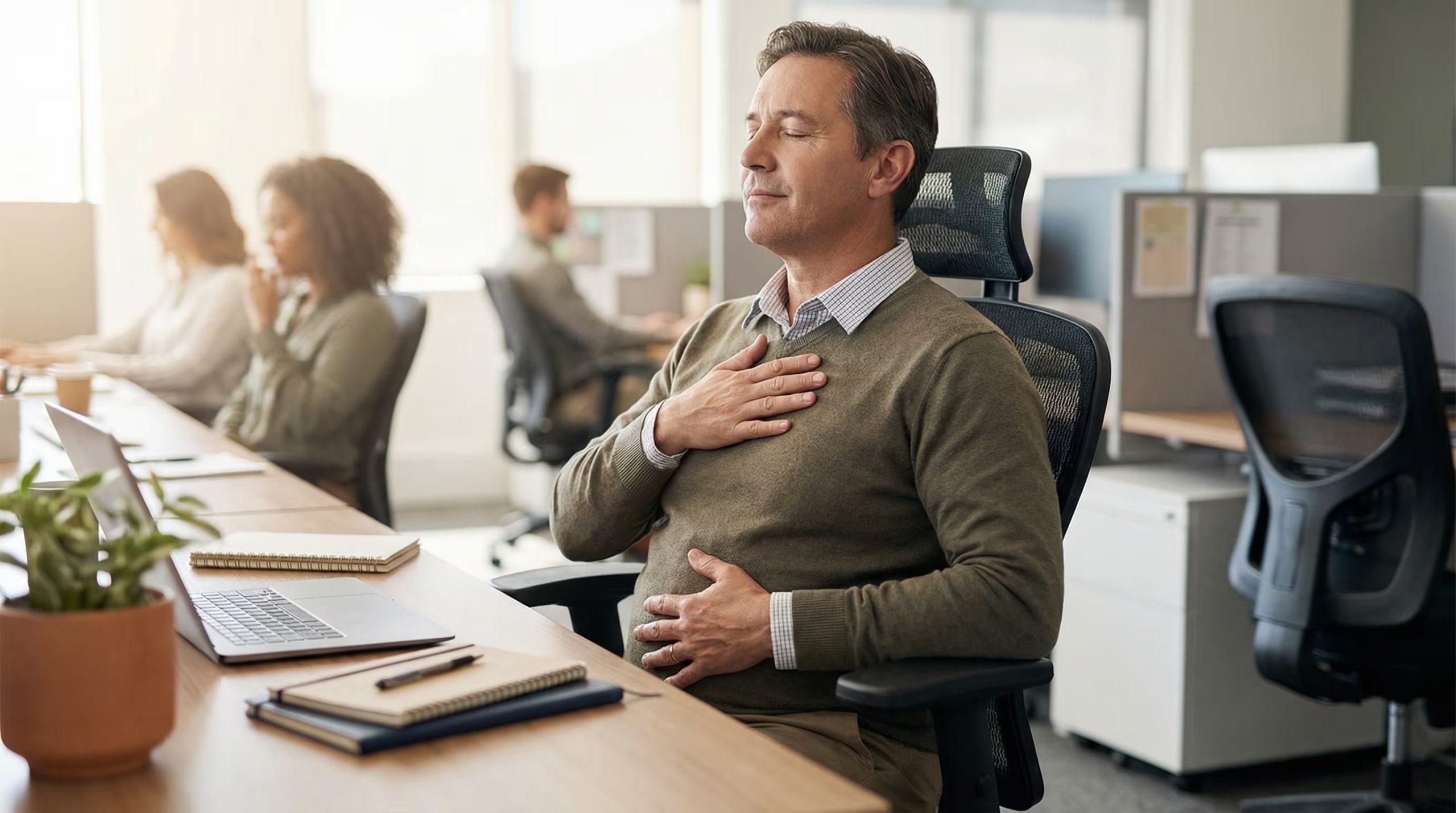 La respiración profunda y consciente favorece la relajación muscular, previene tensiones en cuello y hombros y contribuye a la salud postural durante la jornada laboral
(Imagen Ilustrativa Infobae)