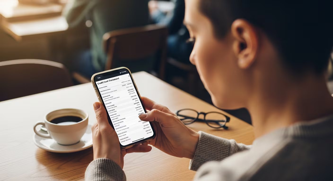 Una persona consulta el estado de cuenta de su tarjeta bancaria en su celular mientras toma café en una cafetería. (Imagen Ilustrativa Infobae)
