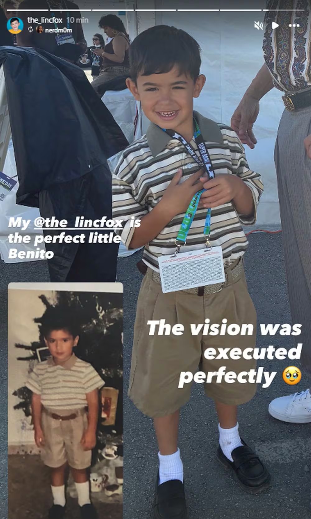 Lincoln Fox confirmó su participación en el Super Bowl 2026 mediante publicaciones en redes sociales y su vestimenta estuvo inspirada en una fotografía de la infancia de Bad Bunny (Instagram/@the_lincfox)