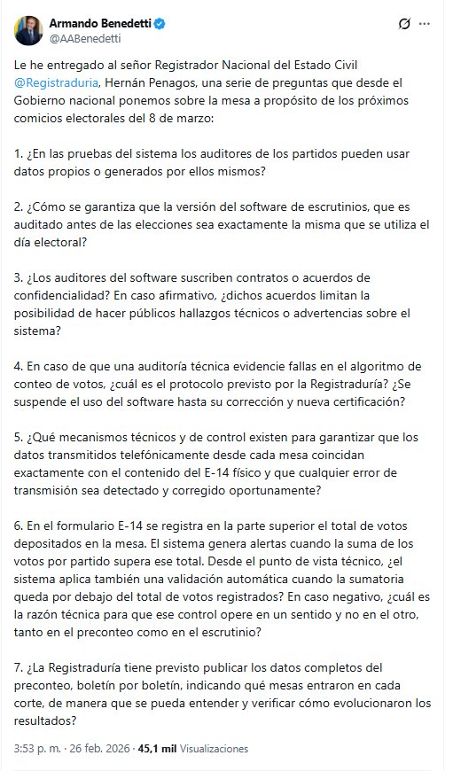 Armando Benedetti hizo duros reparos a la Registraduría en medio de las denuncias de un posible fraude electoral @AABenedetti/X