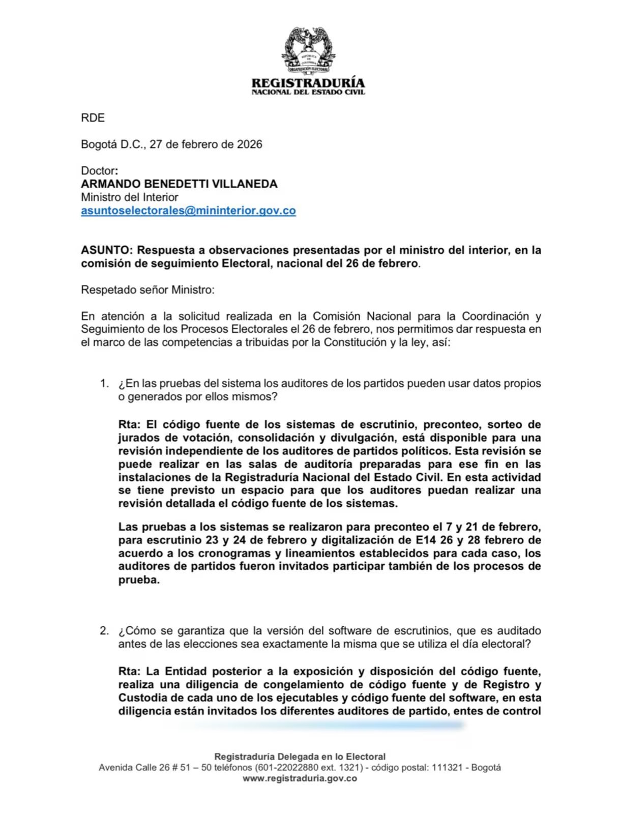 El organismo detalló que, al finalizar cada boletín generado tras los escrutinios, los auditores de los partidos cuentan con un archivo plano que detalla los resultados mesa por mes - crédito Registraduría General del Estado Civil