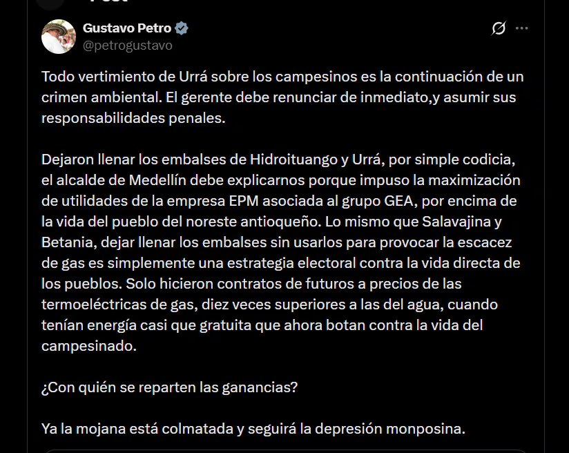 El presidente Gustavo Petro pidió investigaciones por los vertimientos asociados a la emergencia ambiental. - crédito @petrogustavo/X