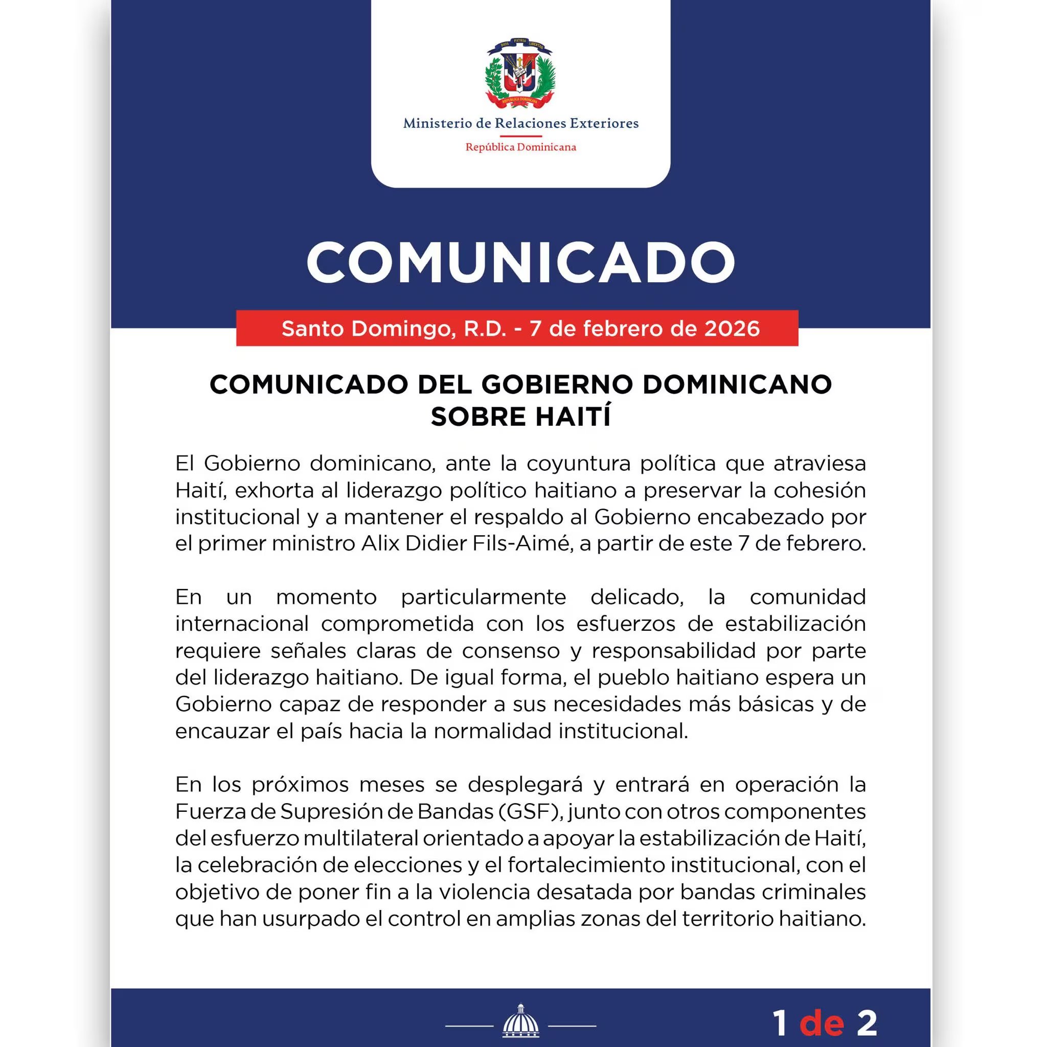 (Comunicado: Ministerio de Relaciones Exteriores de República Dominicana)