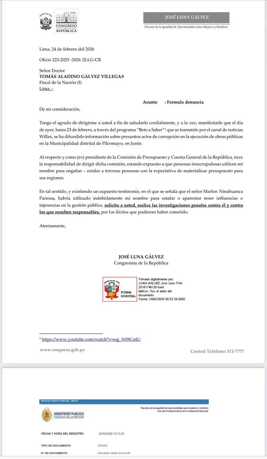 Luna solicitó al Ministerio Público investigar el uso de su nombre en supuestos actos de corrupción, tras la aparición de denuncias sobre irregularidades en la Municipalidad Distrital de Pilcomayo, en Junín