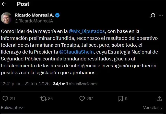 Ricardo Monreal Ávila, líder de la mayoría en la Cámara de Diputados, reconoció el resultado del operativo federal en Tapalpa y destacó el liderazgo de la presidenta Claudia Sheinbaum.