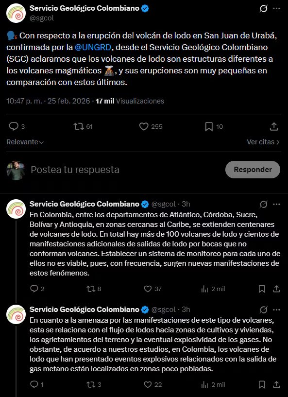 El SGC aclaró que se trata de un volcán de lodo, no de actividad volcánica magmática. - crédito @sgcol/X