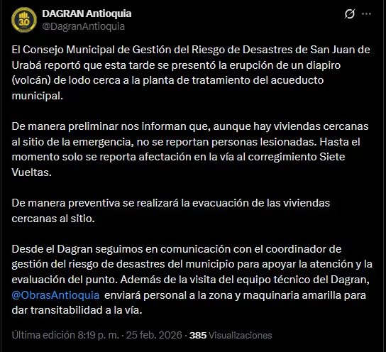 Dagran reportó daños en una vía y evacuación preventiva de viviendas cercanas. - crédito @DagranAntioquia / X