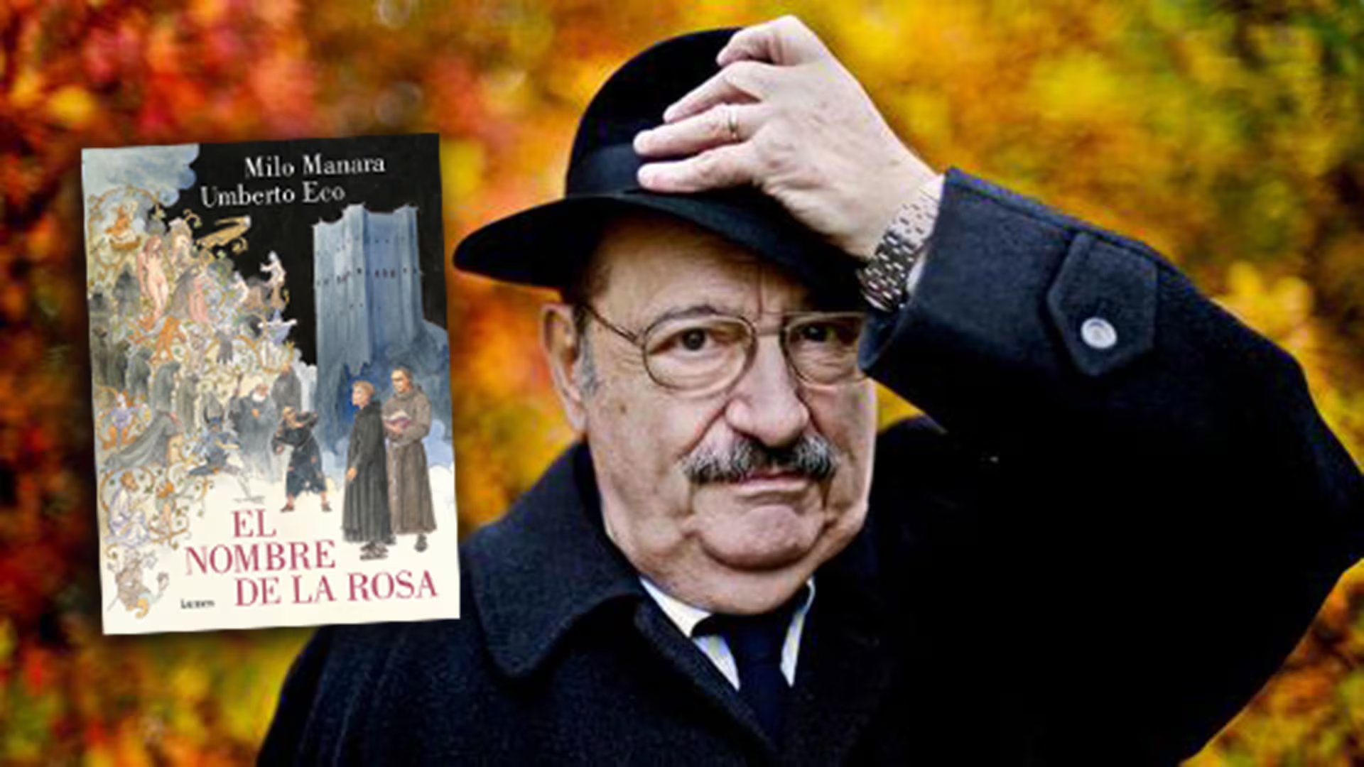 Umberto Eco con el primer volumen de 'En el nombre De la Rosa' en formato novela gráfica (Lumen)