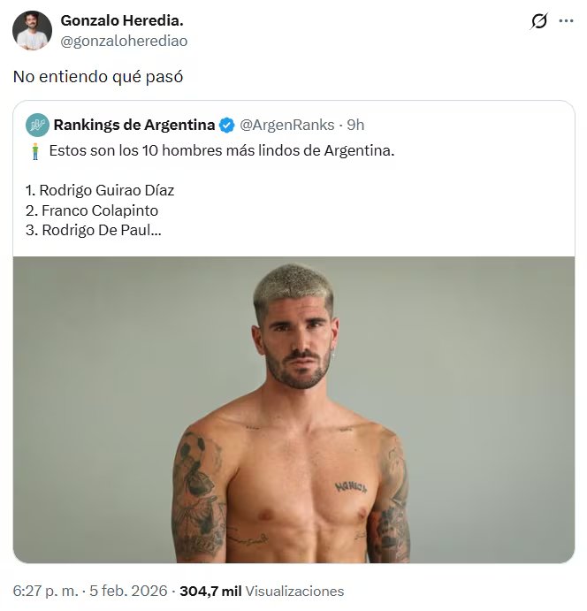 La reacción irónica de Gonzalo Heredia ante su ausencia en el ranking rápidamente se volvió tendencia en X