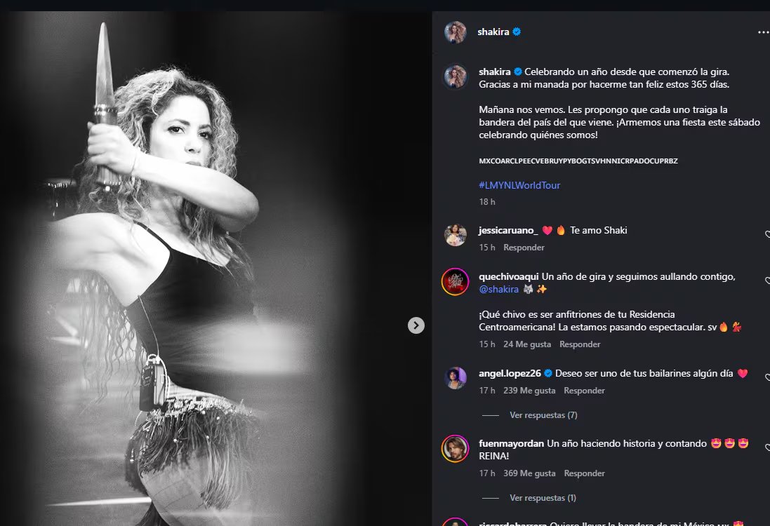 Shakira celebra el primer aniversario de su gira mundial “Las Mujeres Ya No Lloran”, invitando a sus seguidores a llevar la bandera de su país al concierto en El Salvador (Foto cortesía Shakira).