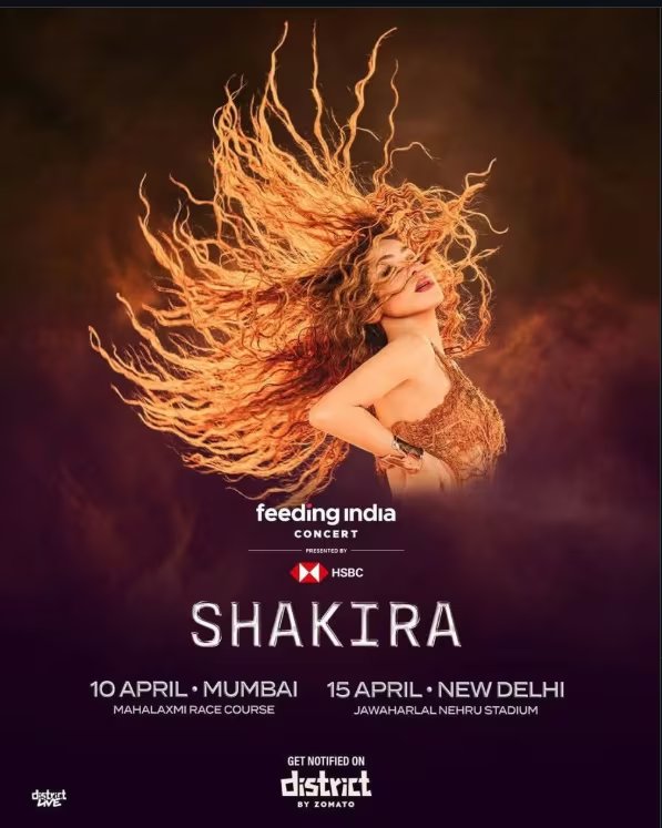 Cartel oficial que anuncia el regreso de Shakira a la India con dos conciertos del Feeding India Concert 2026 en Mumbai y Nueva Delhi, tras 19 años de ausencia en ese país - crédito District