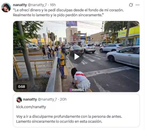 Nanatty se disculpó públicamente en redes sociales con un video donde se le ve interactuando y ofreciendo compensación a un hombre en una calle concurrida.
