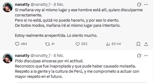 Nanatty emitió un comunicado en Twitter pidiendo disculpas sinceras por su actitud inapropiada, reconociendo el respeto a la gente y la cultura de Perú, y comprometiéndose a mejorar.