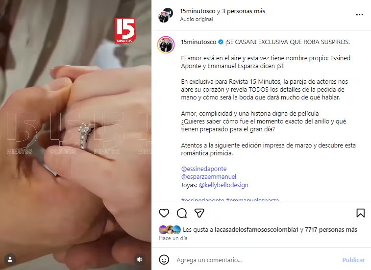 Emmanuel Esparza se casará con Esined Aponte tras años de relación - crédito @15minutosco/IG