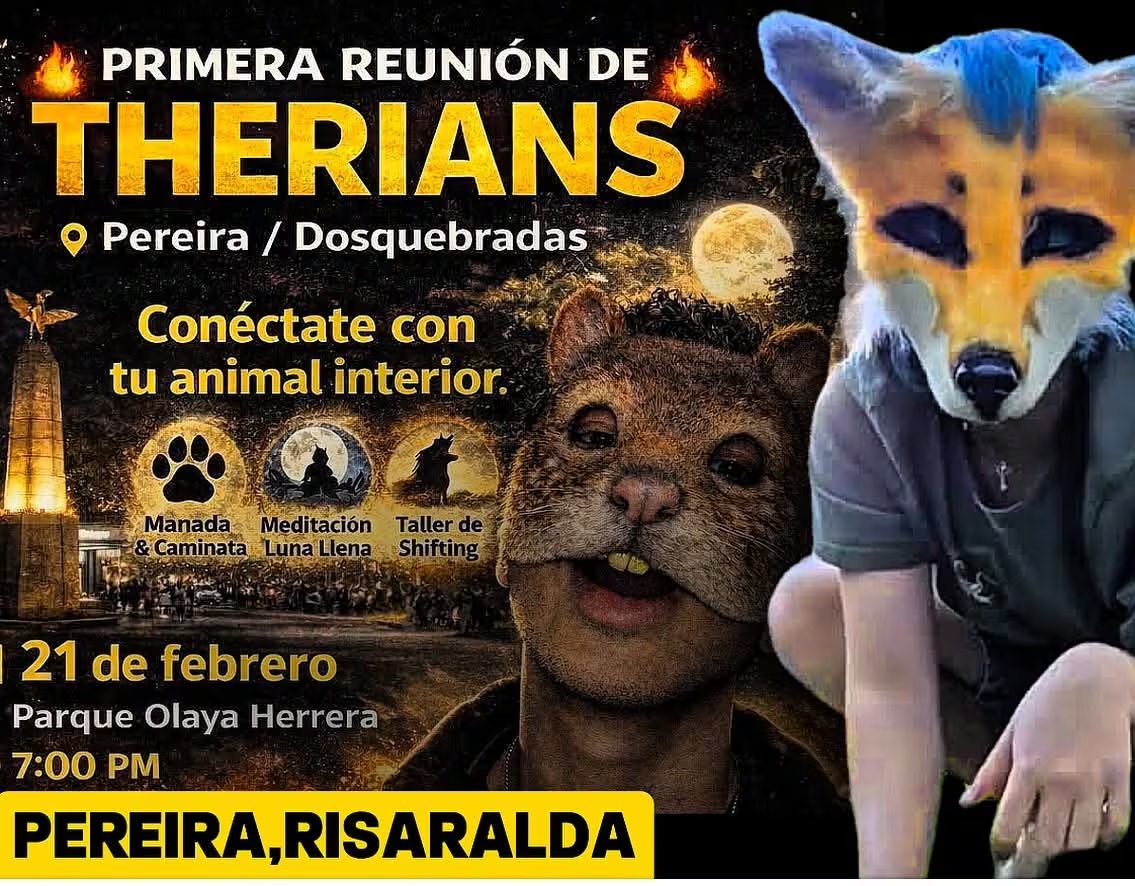 Cartel que anuncia la caminata en manada y meditación de luna llena organizada por la comunidad 'therian' en el parque Olaya Herrera, Pereira, el 21 de febrero - crédito @MuyEnojadoSoy /X