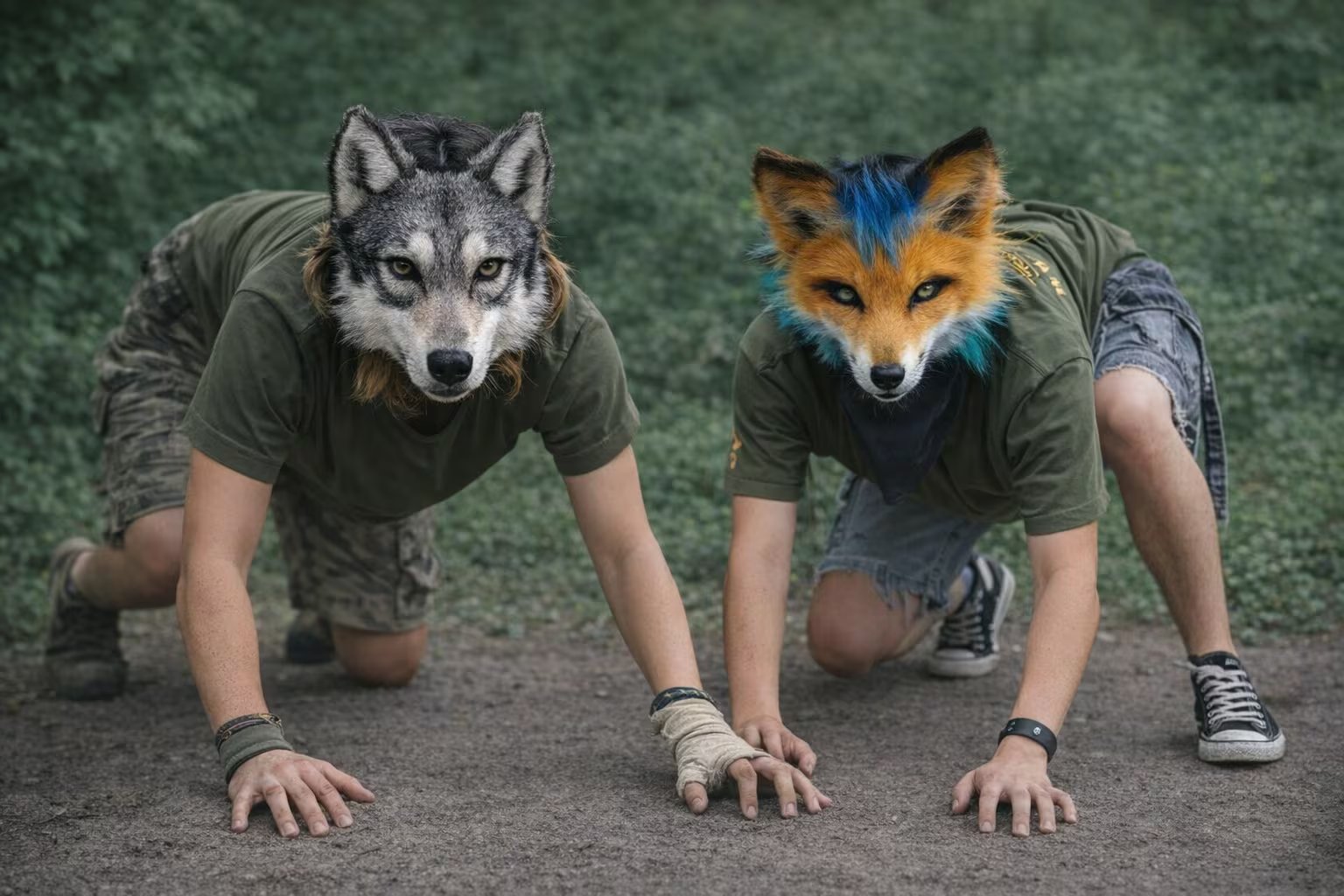 Dos therians, uno con una máscara de lobo y otro con una de zorro, posan en cuclillas sobre un camino de tierra rodeados de vegetación, representando su conexión con la identidad animal. (Imagen Ilustrativa Infobae)