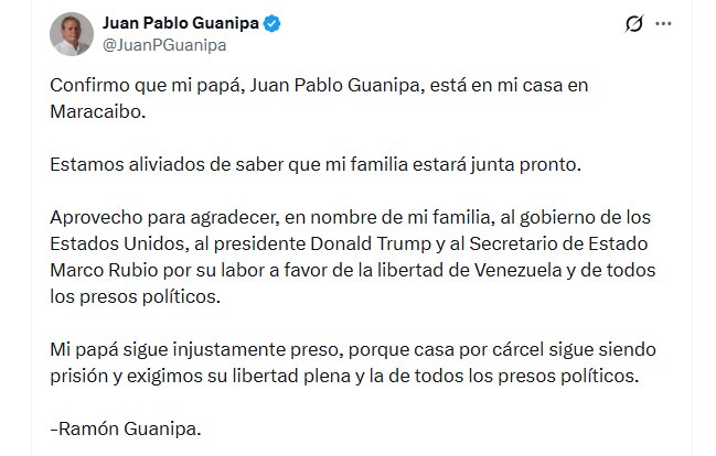 El opositor venezolano Juan Pablo Guanipa salió de la cárcel y se encuentra en Maracaibo bajo arresto domiciliario