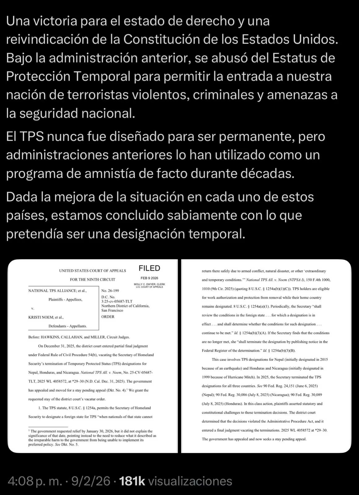 Las familias que viven bajo esta protección ven su futuro migratorio al borde de una incertidumbre angustiante tras la controvertida sentencia del Noveno Circuito. (captura)