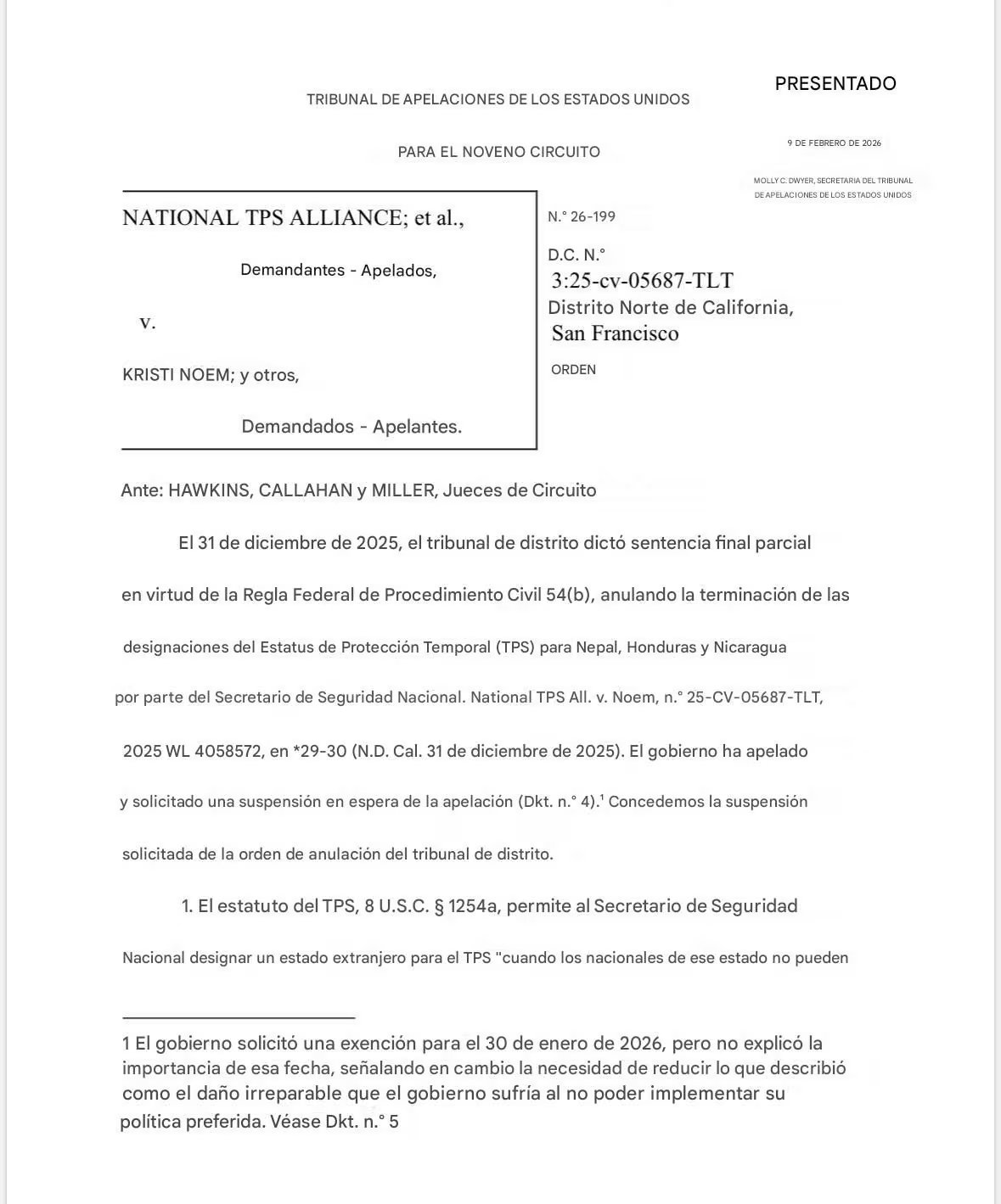 La decisión judicial permite ejecutar la cancelación del TPS mientras se resuelven apelaciones en instancias superiores, según lo dictaminado el 9 de febrero de 2026. (Redes sociales)