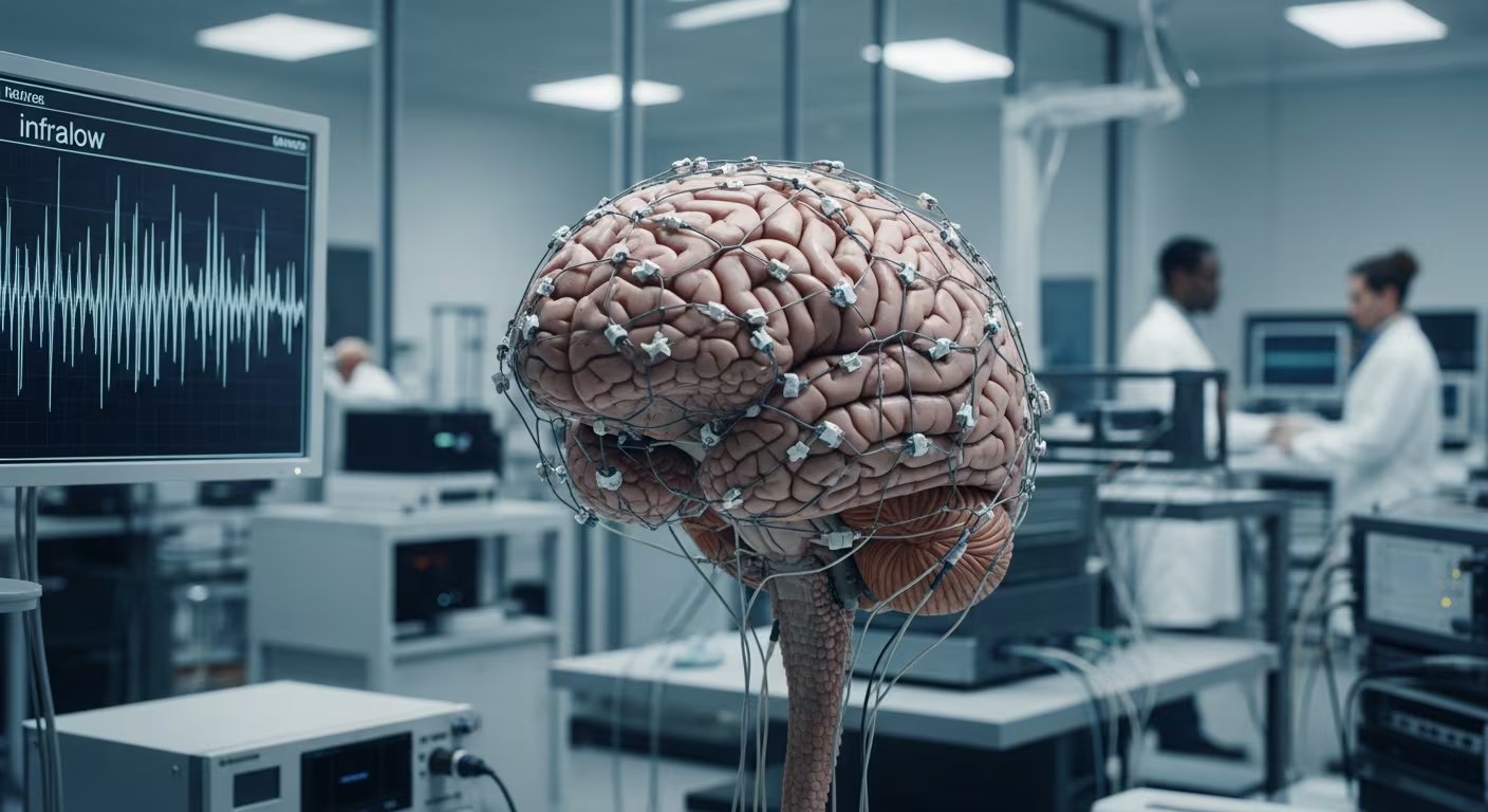 Un modelo detallado de un cerebro humano, equipado con electrodos para registrar la actividad cerebral, es observado en un moderno laboratorio de neurociencia donde científicos analizan datos en computadoras. La imagen muestra equipos de monitoreo y una pantalla con señales eléctricas, representando investigaciones pioneras en neurología y tecnología médica. (Imagen Ilustrativa Infobae)