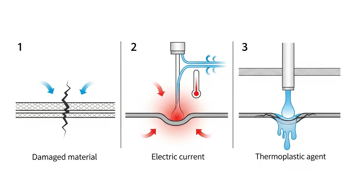 Esta ilustración técnica secuencial detalla el innovador proceso de autorreparación de materiales mediante la aplicación de corriente eléctrica y un agente termoplástico que rellena y sella las grietas. (Imagen Ilustrativa Infobae)