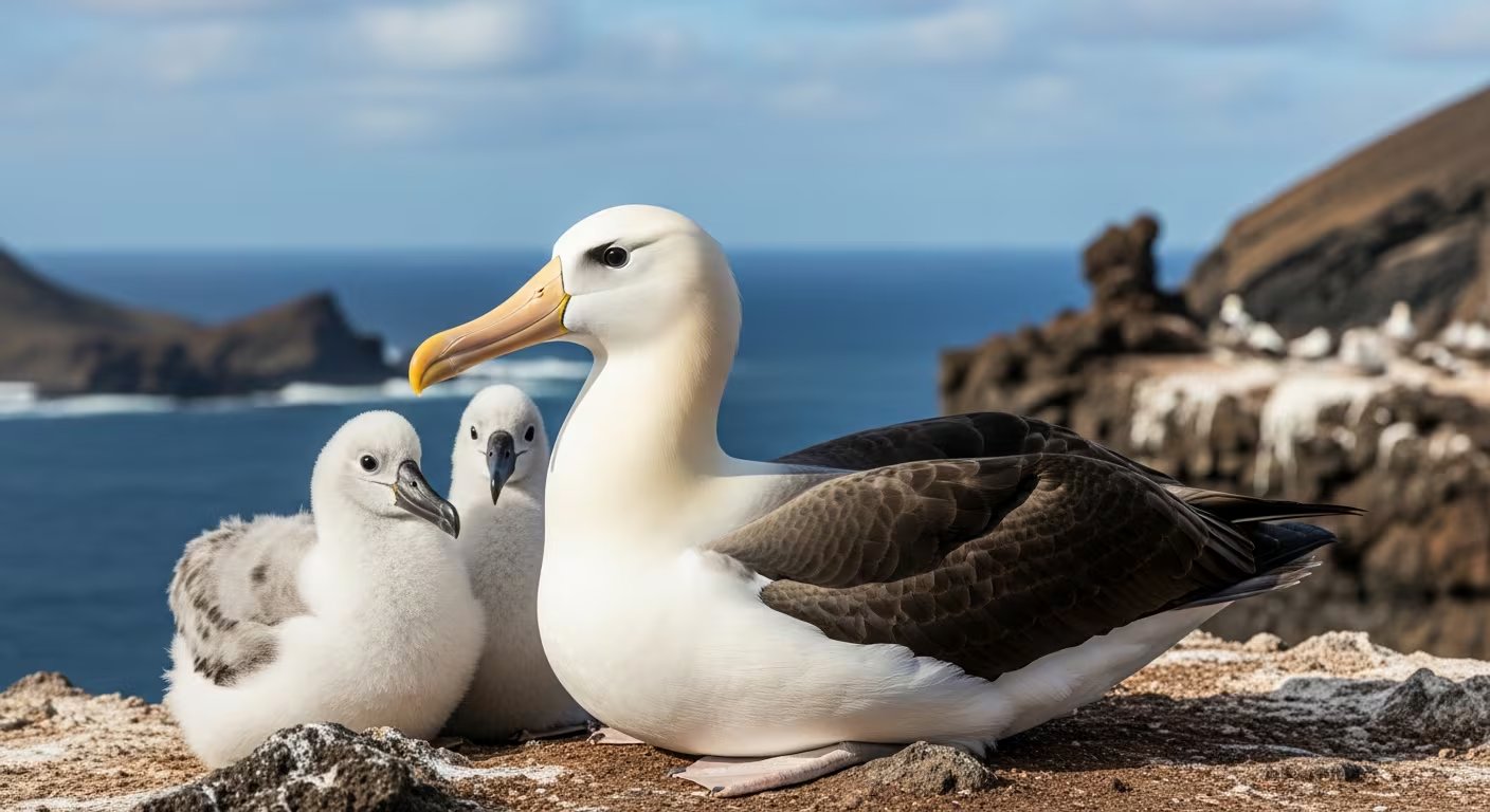 La especie albatros de las Galápagos es considerada vulnerable debido a su rango restringido en el Pacífico ecuatorial (Imagen Ilustrativa Infobae)