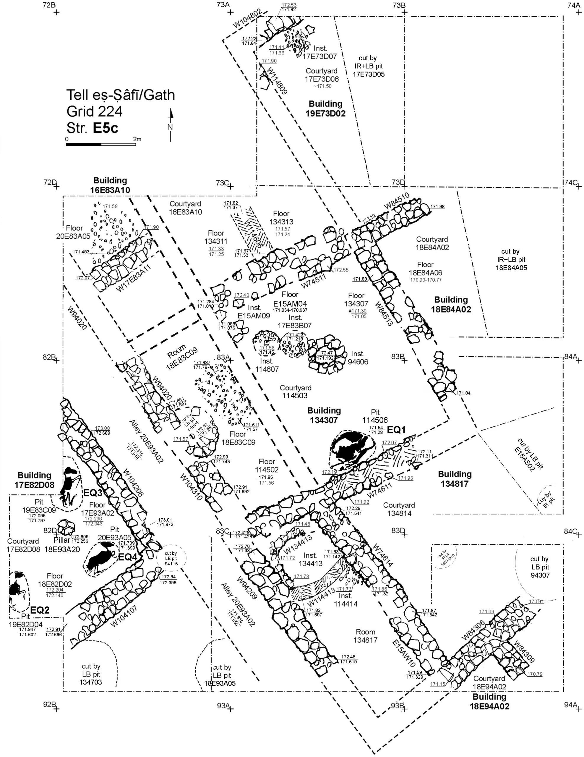 Plano de los edificios del estrato E5c en el Área E en Tell eṣ-Ṣâfi/Gath con lugares de enterramiento de burros. (Plos One)