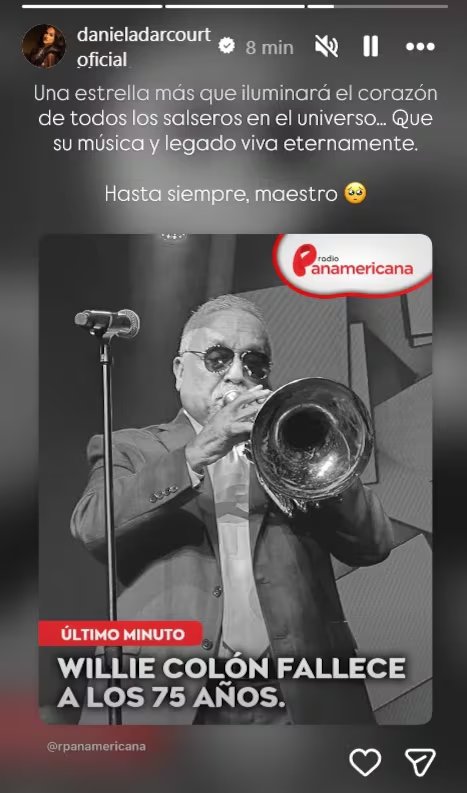 Daniela Darcourt dedica emotivo mensaje a Willie Colón. IG