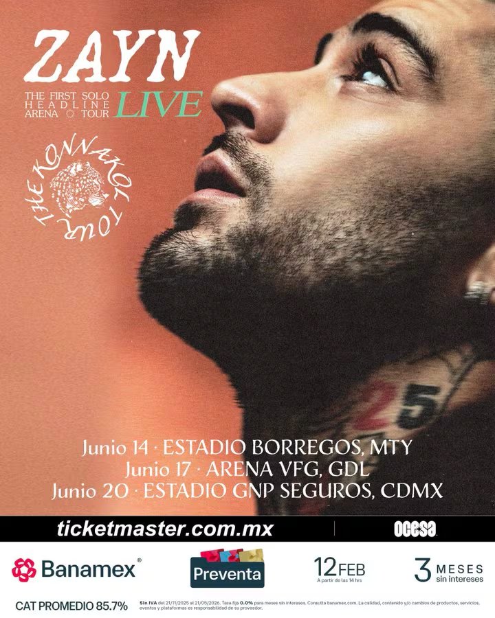 Zayn Malik confirma su gira Konnakol Tour en México con conciertos en Monterrey, Guadalajara y Ciudad de México en junio. (X/ @ocesa_total)