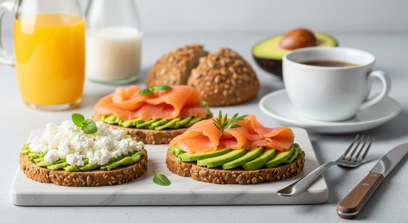 El salmón ahumado sobre pan integral y palta aporta proteína de alto valor biológico y ácidos grasos omega-3, reforzando el perfil nutricional del desayuno. (Imagen Ilustrativa Infobae)