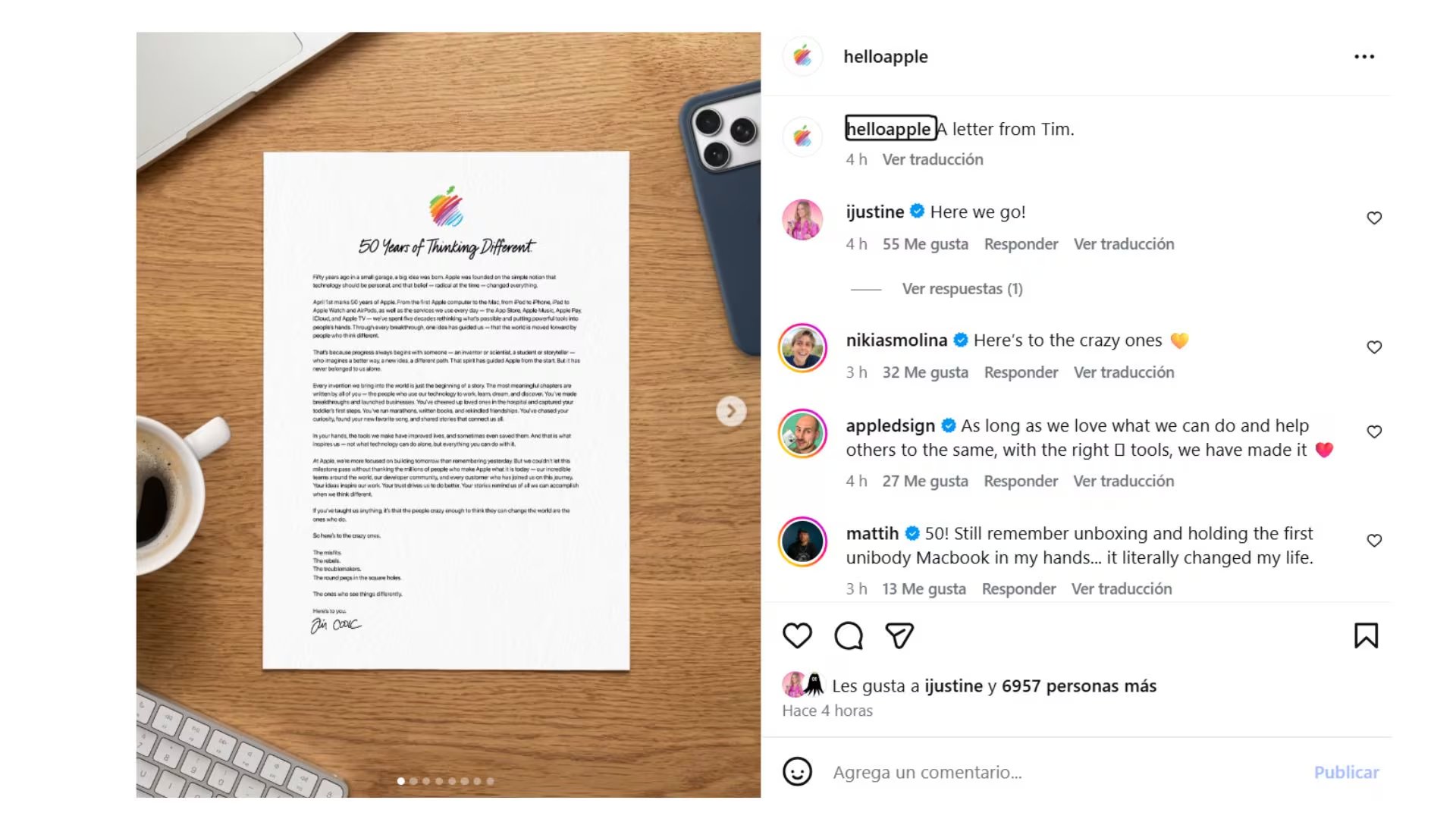 La publicación de Instagram de 'helloapple' presenta la carta de Tim Cook